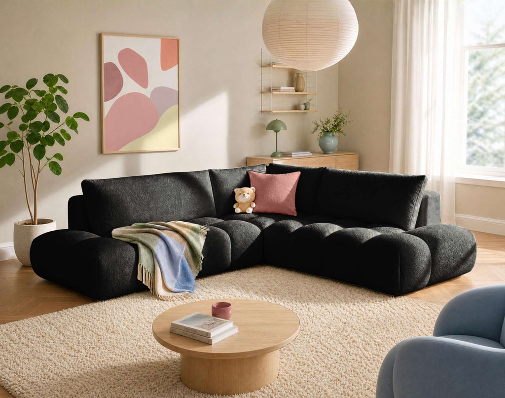 Yulin - L-Shaped 5-Seater Convertible Sofa with Storage Compartment - Bouclé Fabric - Black