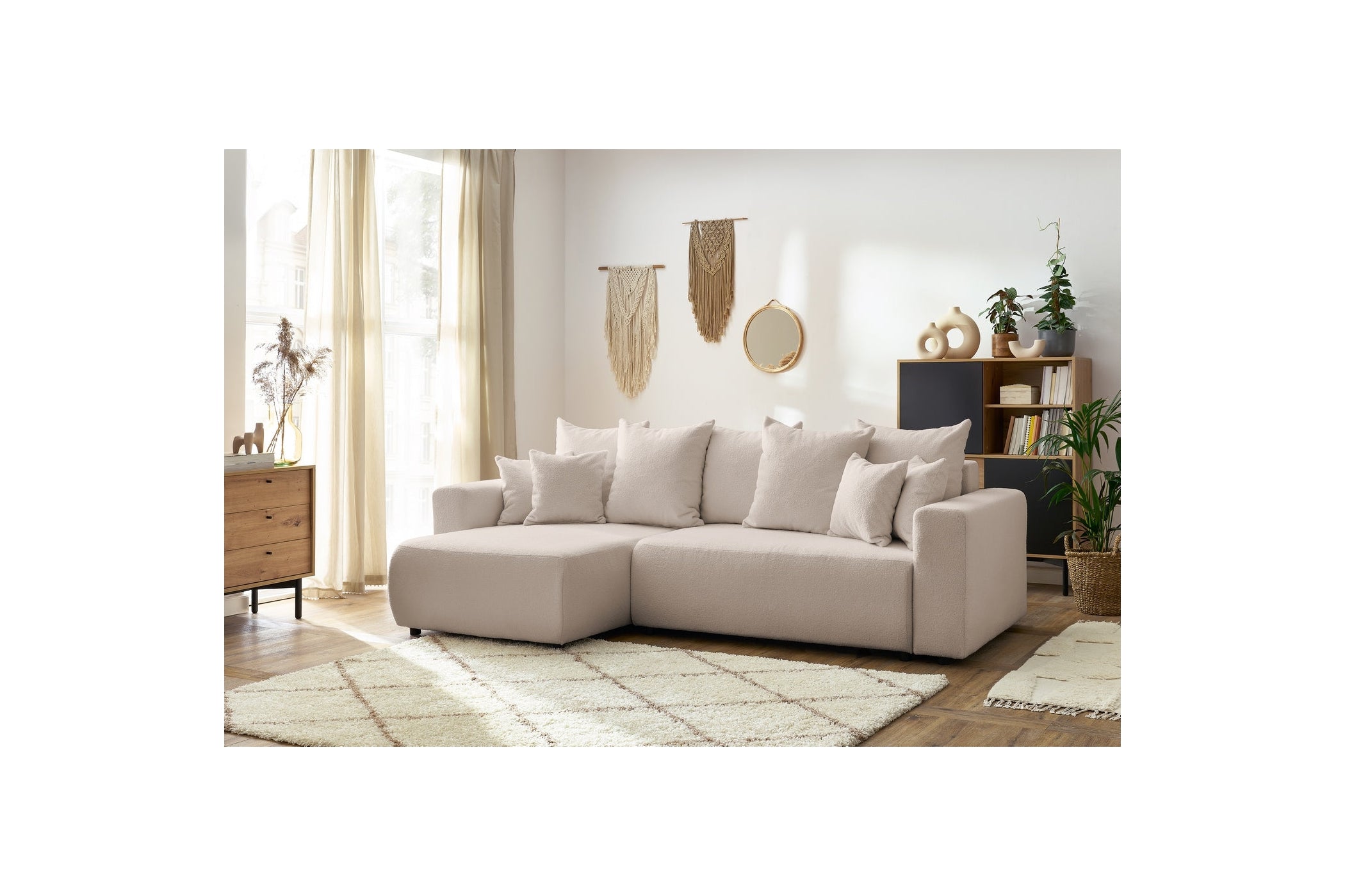 Sofá esquinero reversible convertible con arcón - Envy - Tejido bouclé suave