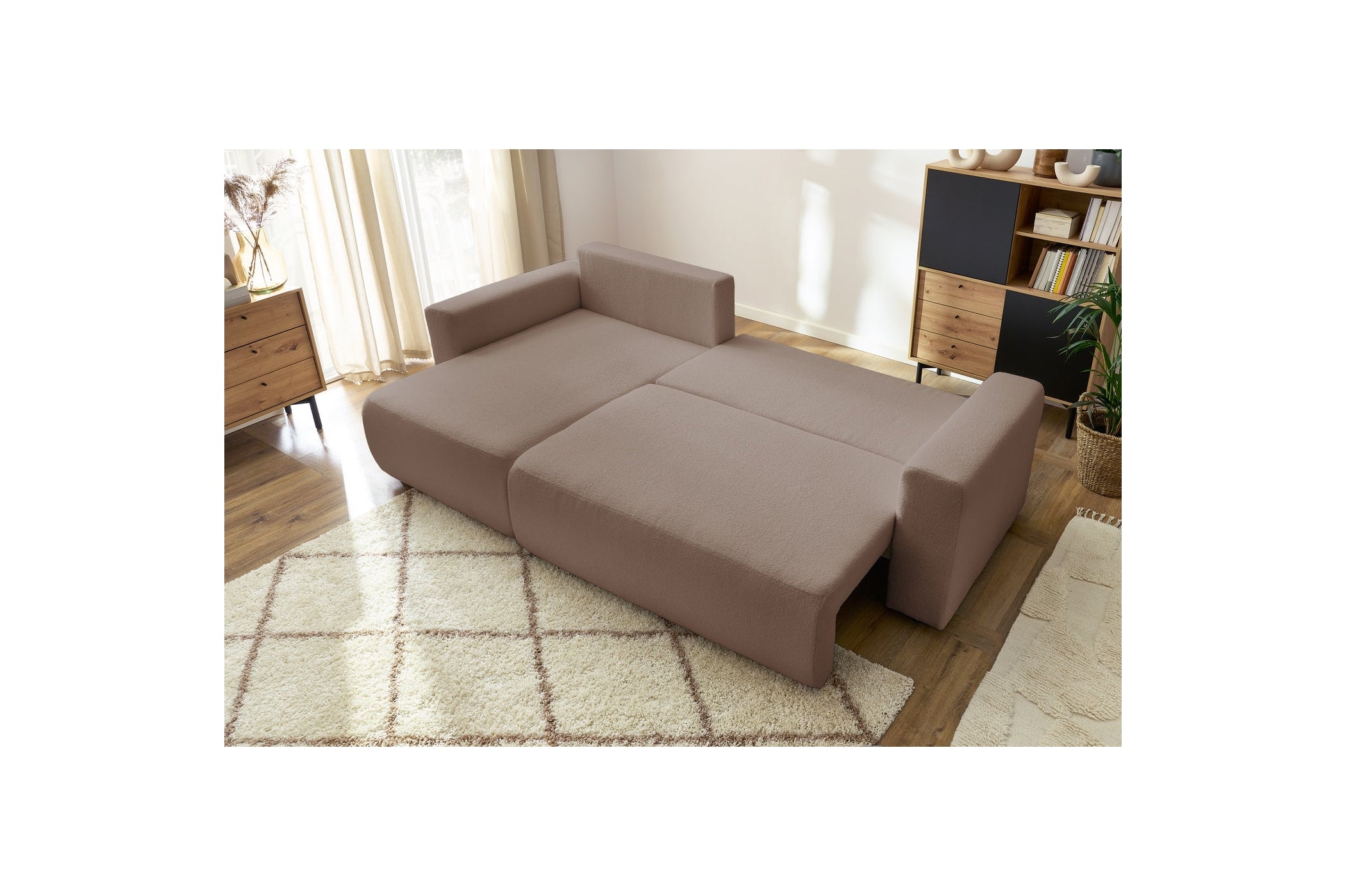 Sofá esquinero reversible convertible con arcón - Envy - Tejido bouclé suave