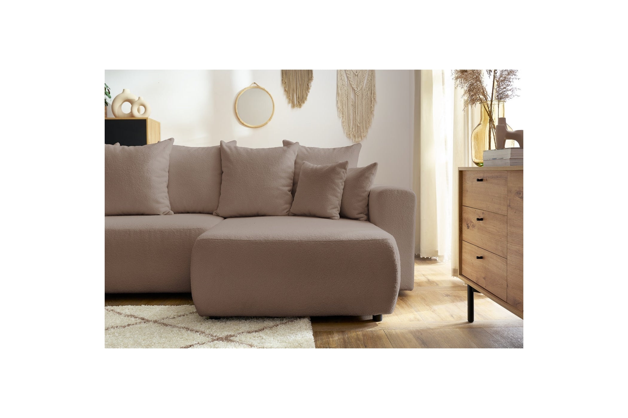 Sofá esquinero reversible convertible con arcón - Envy - Tejido bouclé suave
