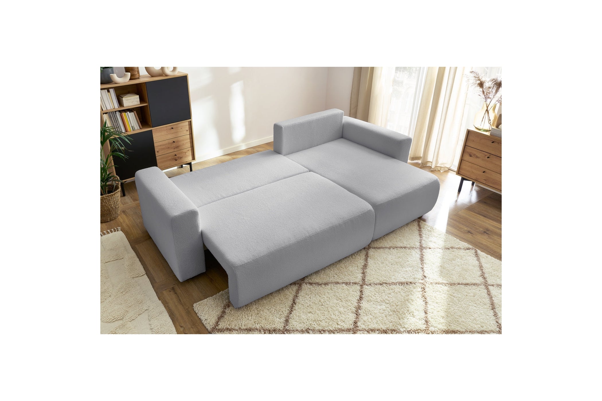 Sofá esquinero reversible convertible con arcón - Envy - Tejido bouclé suave
