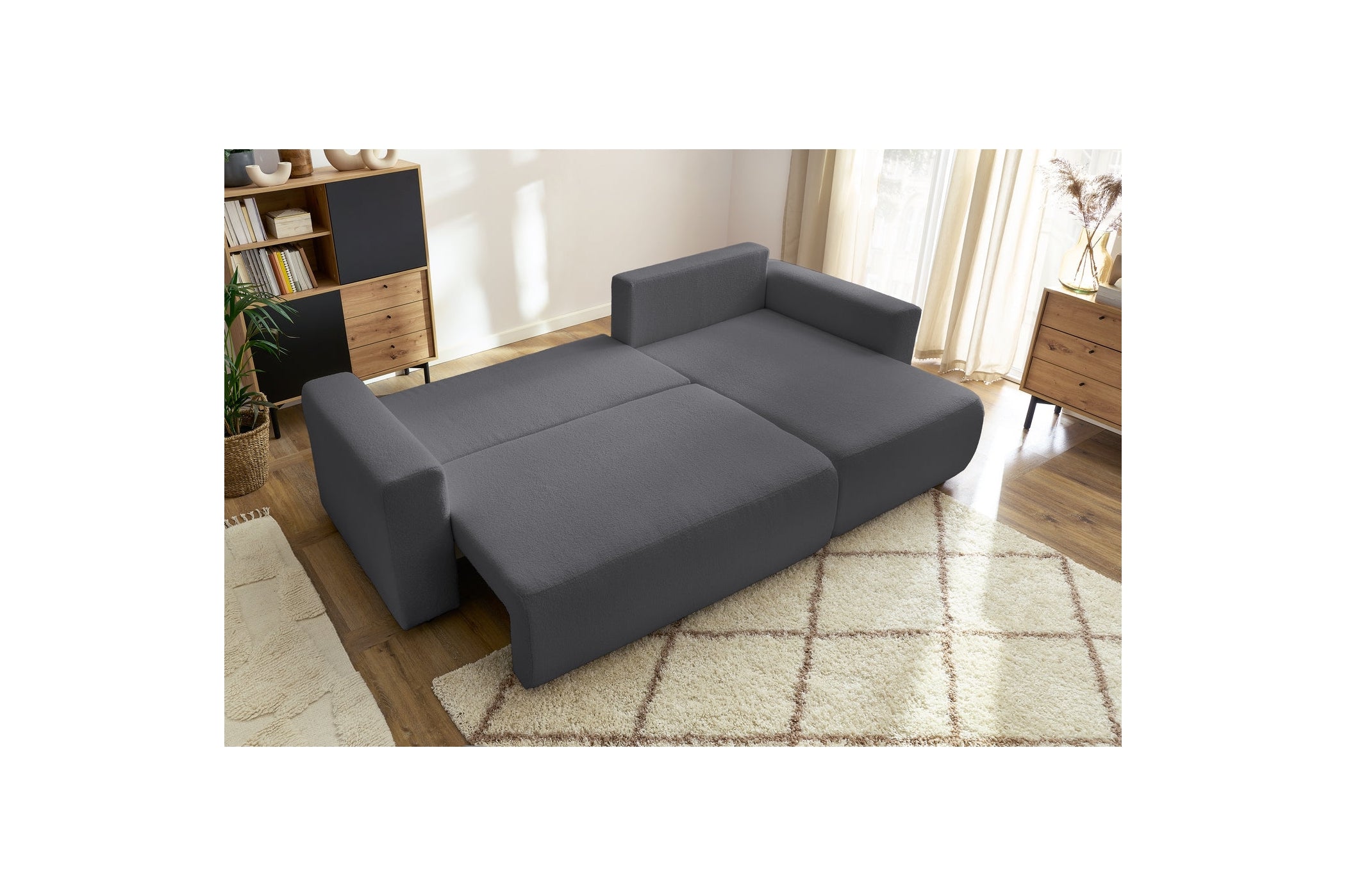 Sofá esquinero reversible convertible con arcón - Envy - Tejido bouclé suave