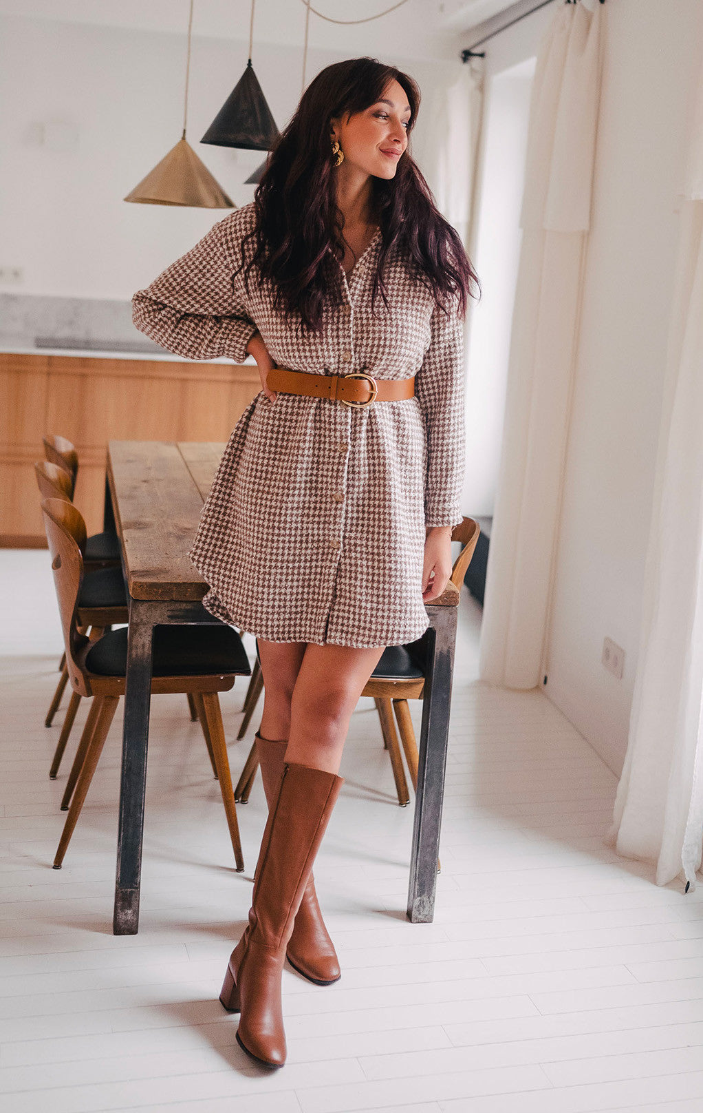 Vestido Lison Pied De Poule Camel