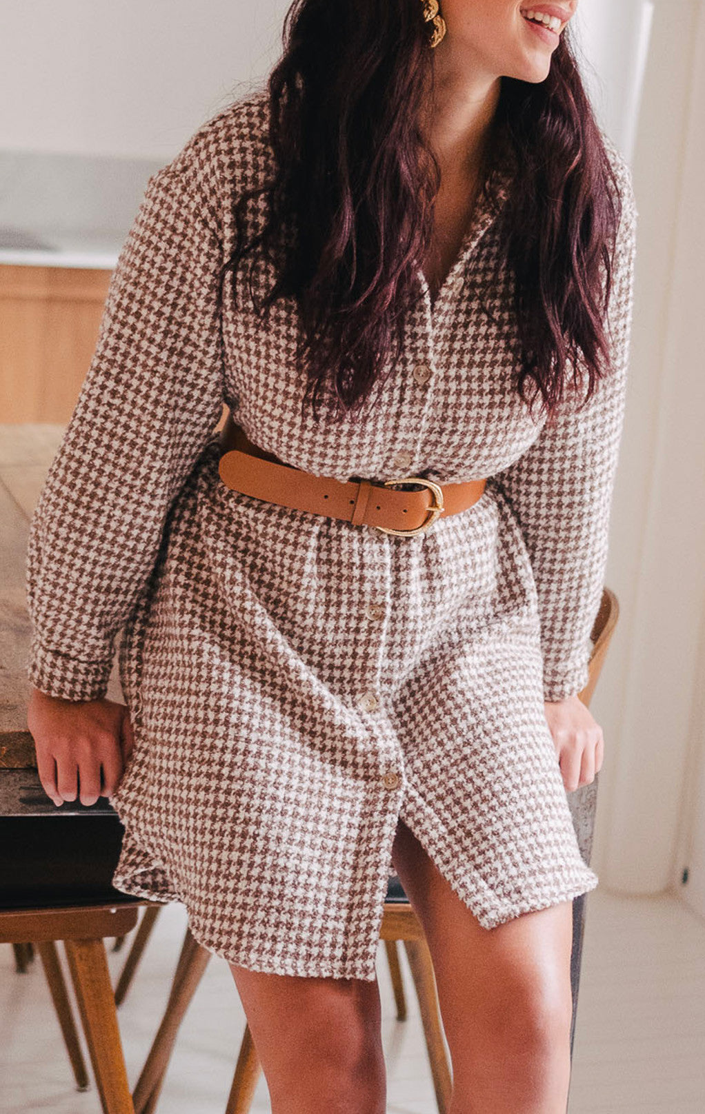 Vestido Lison Pied De Poule Camel