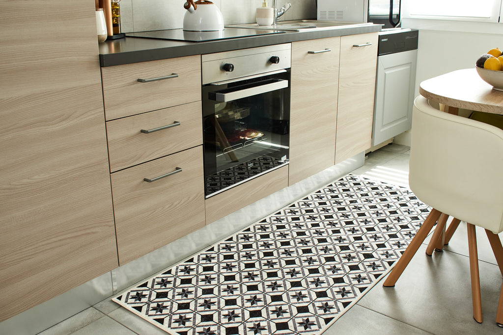 Azulejo - Alfombra de Cocina Interior - Poliéster Estampado - Negro