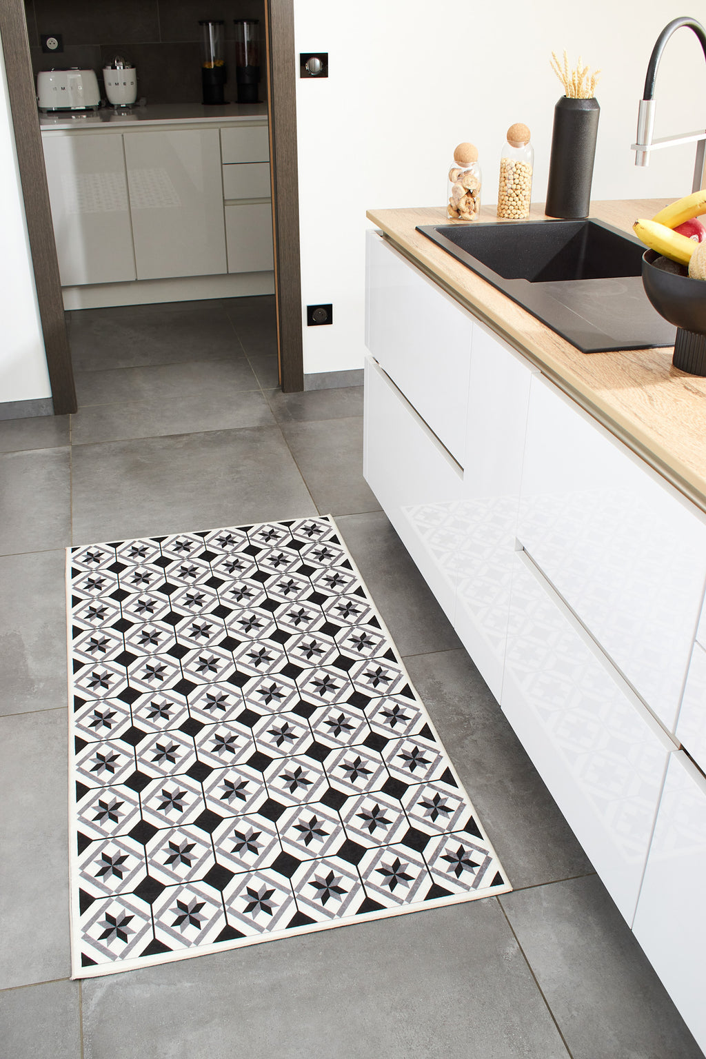 Azulejo - Alfombra de Cocina Interior - Poliéster Estampado - Negro