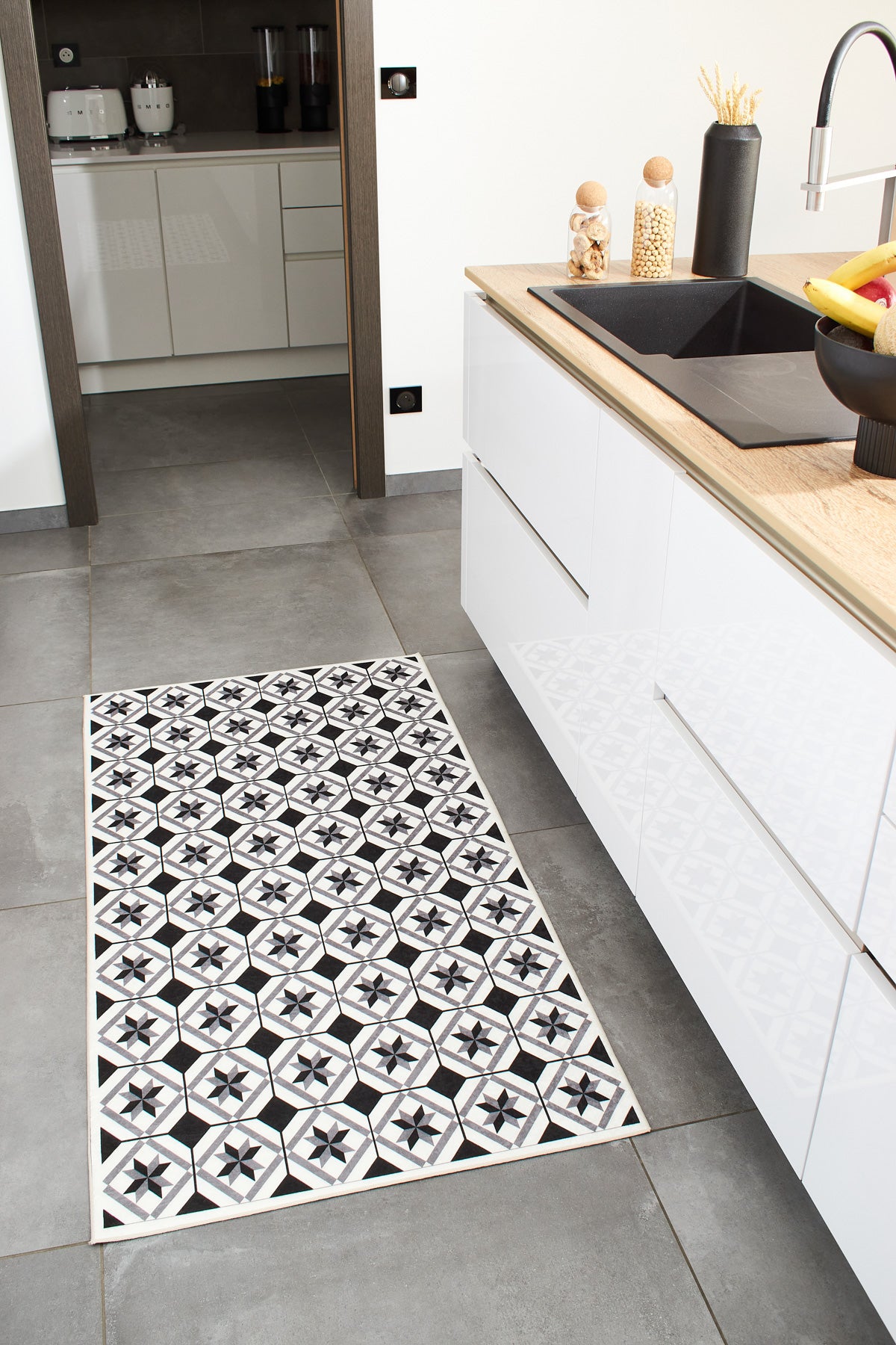 Azulejo - Alfombra de Cocina Interior - Poliéster Estampado - Negro