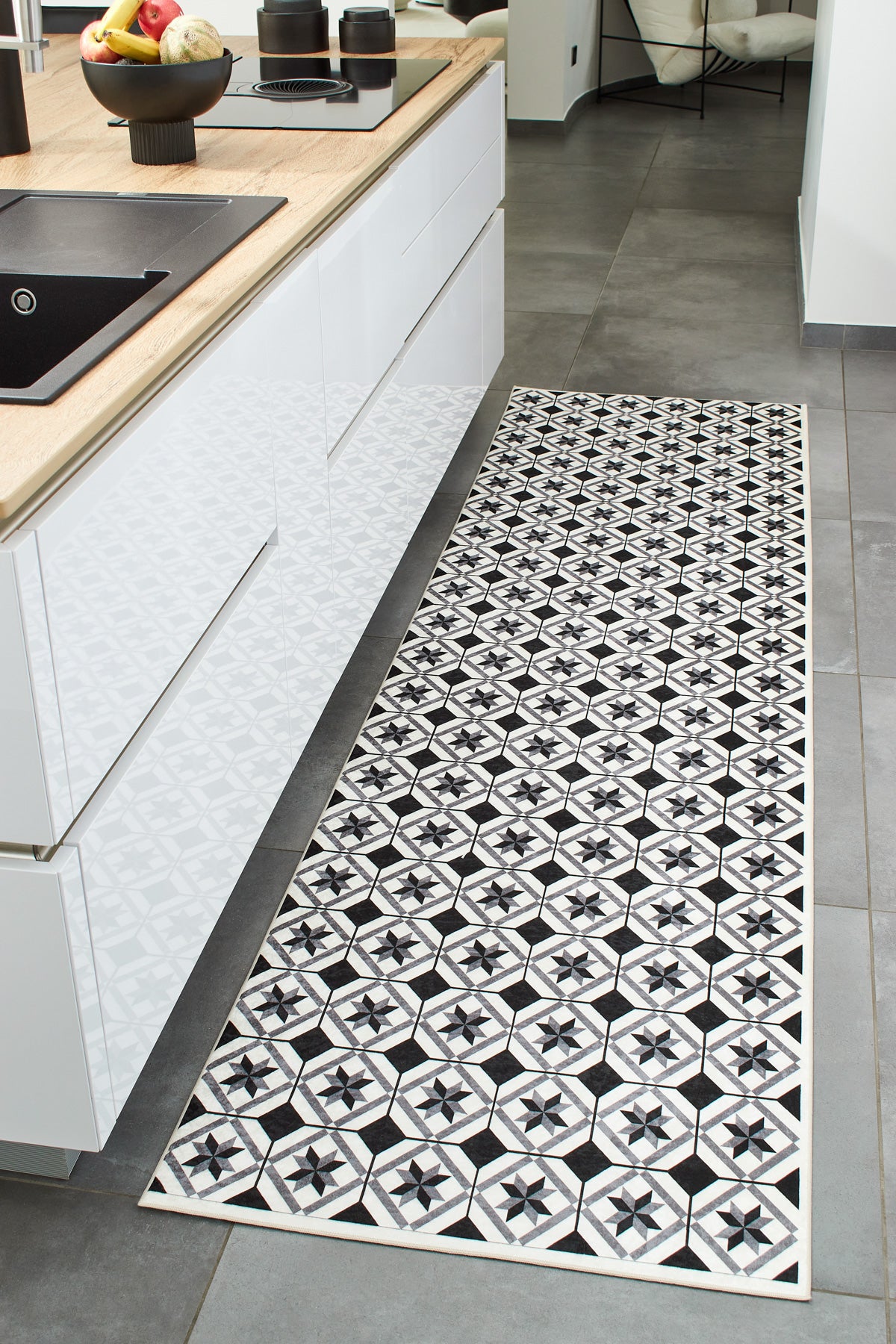 Azulejo - Alfombra de Cocina Interior - Poliéster Estampado - Negro