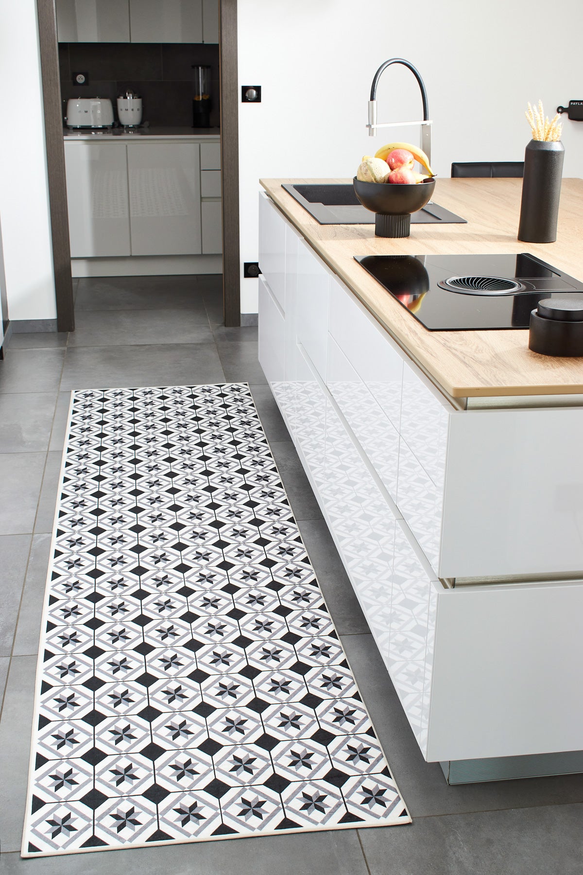Azulejo - Alfombra de Cocina Interior - Poliéster Estampado - Negro