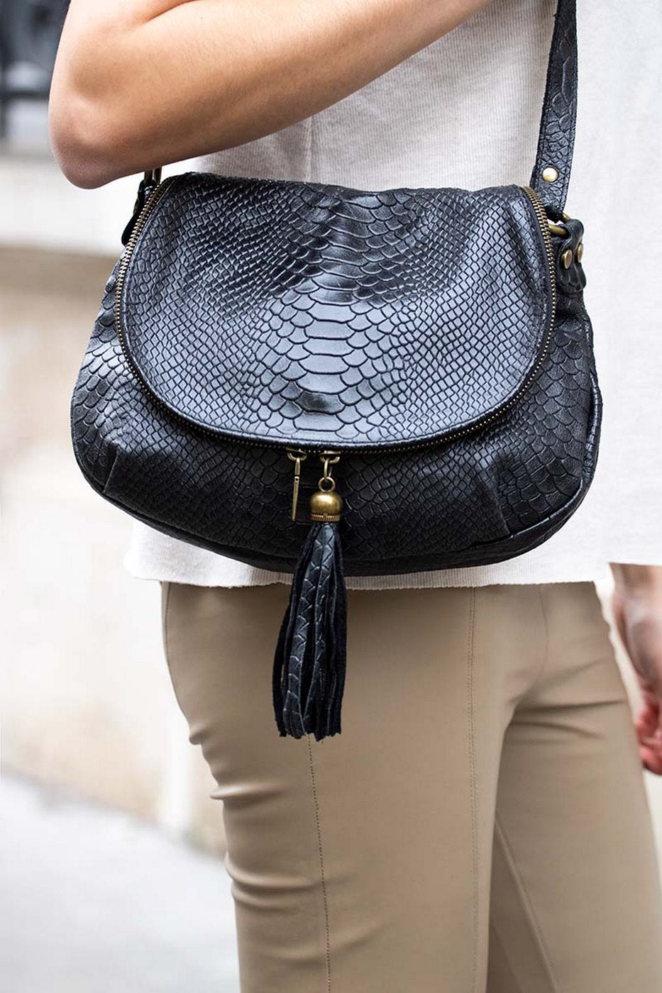 Sac En Bandoulière Lana Croco - Noir