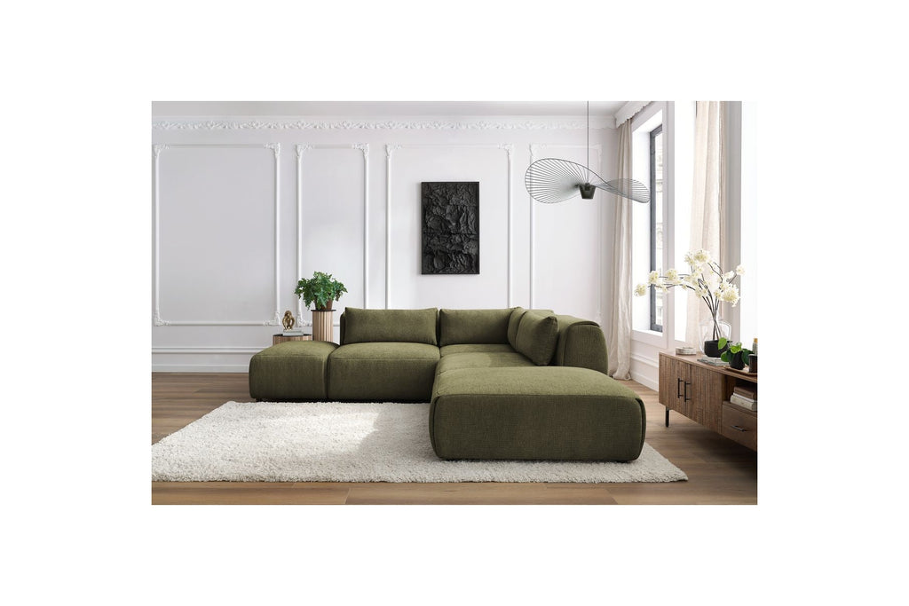 Jeanne - Sofá esquinero fijo modular - Tejido texturizado con 2 módulos sin brazos, 1 módulo esquinero y 2 pufs