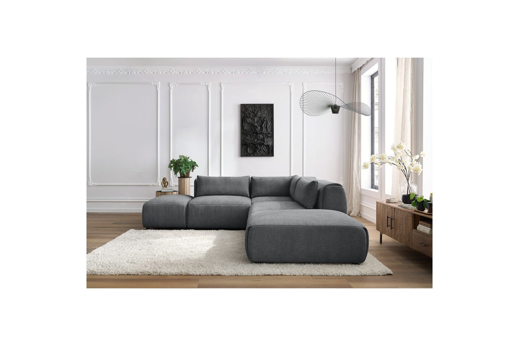 Jeanne - Sofá esquinero fijo modular - Tejido texturizado con 2 módulos sin brazos, 1 módulo esquinero y 2 pufs