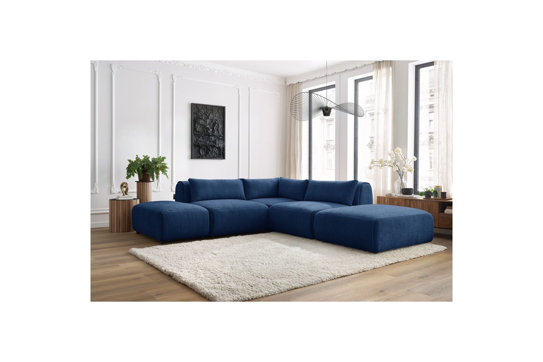 Jeanne - Sofá esquinero fijo modular - Tejido texturizado con 2 módulos sin brazos, 1 módulo esquinero y 2 pufs