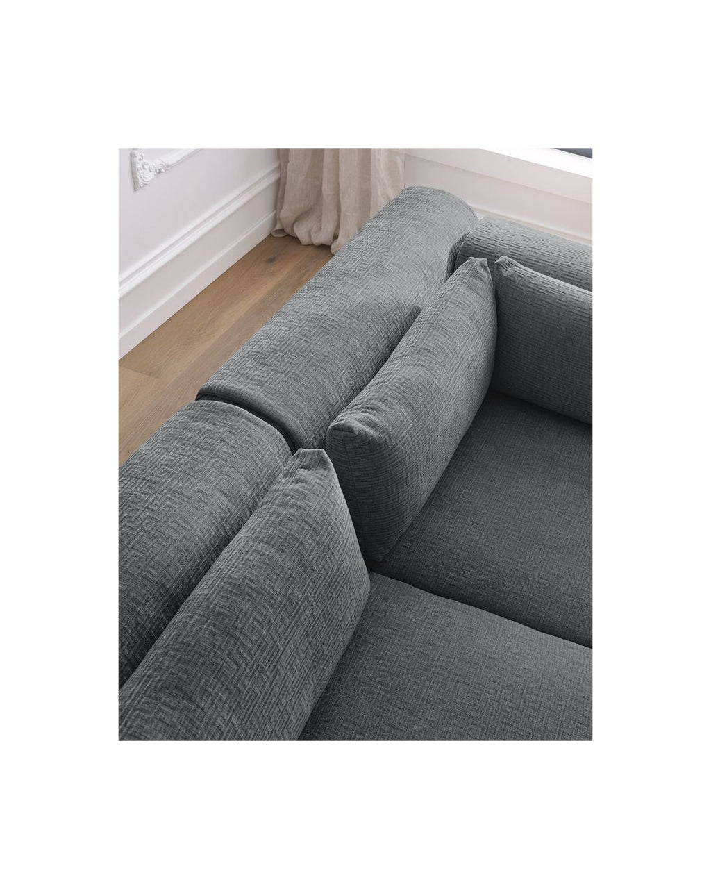 Jeanne - Sofá esquinero fijo modular - Tejido texturizado con 2 módulos sin brazos, 1 módulo esquinero y 2 pufs
