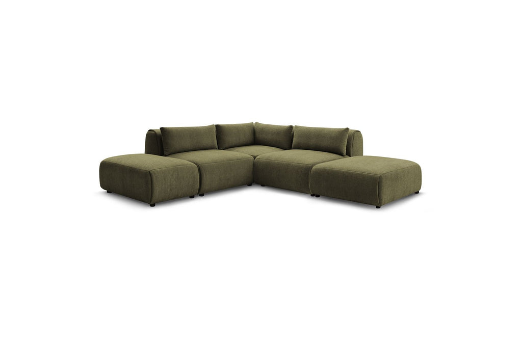 Jeanne - Sofá esquinero fijo modular - Tejido texturizado con 2 módulos sin brazos, 1 módulo esquinero y 2 pufs