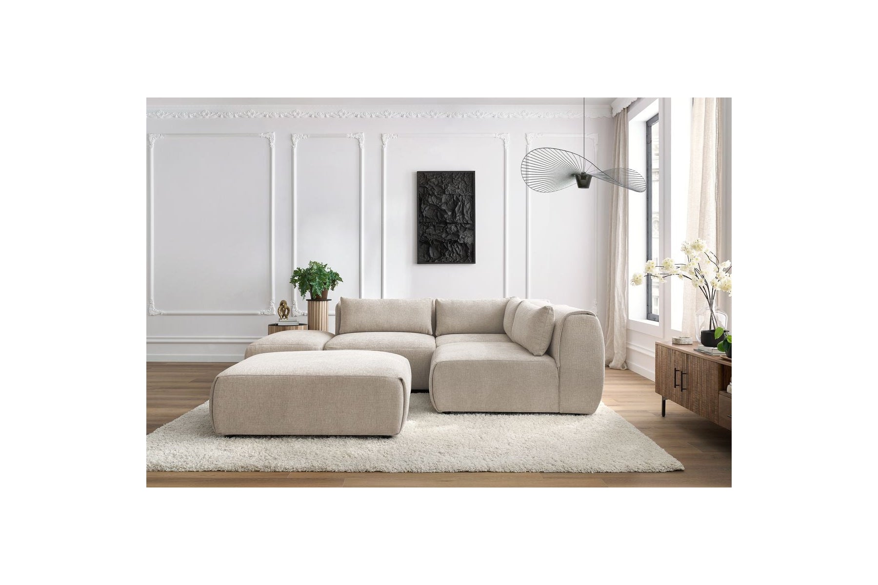 Jeanne - Sofá esquinero fijo modular - Tejido texturizado con 2 módulos sin brazos, 1 módulo esquinero y 2 pufs