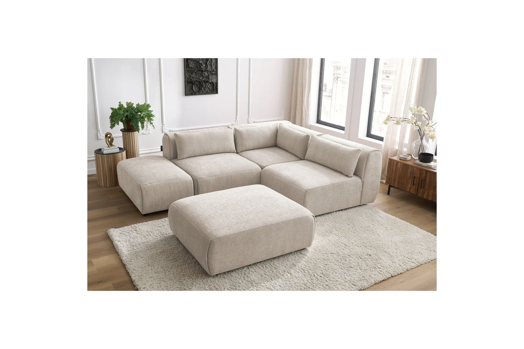 Jeanne - Sofá esquinero fijo modular - Tejido texturizado con 2 módulos sin brazos, 1 módulo esquinero y 2 pufs