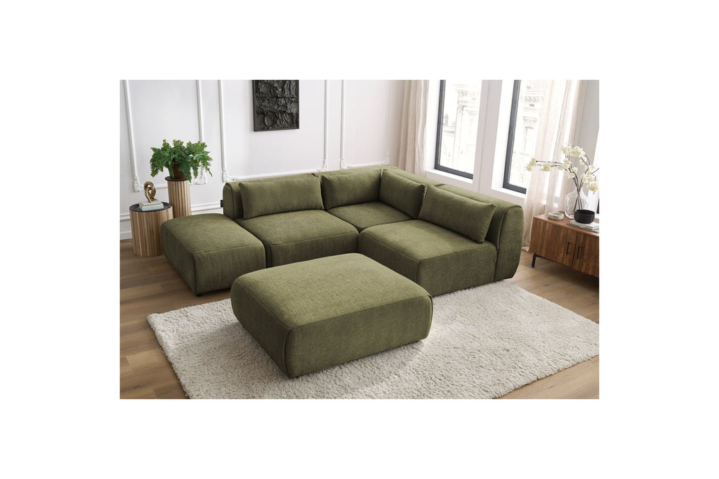 Jeanne - Sofá esquinero fijo modular - Tejido texturizado con 2 módulos sin brazos, 1 módulo esquinero y 2 pufs