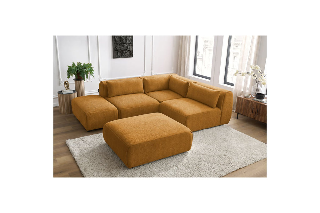 Jeanne - Sofá esquinero fijo modular - Tejido texturizado con 2 módulos sin brazos, 1 módulo esquinero y 2 pufs