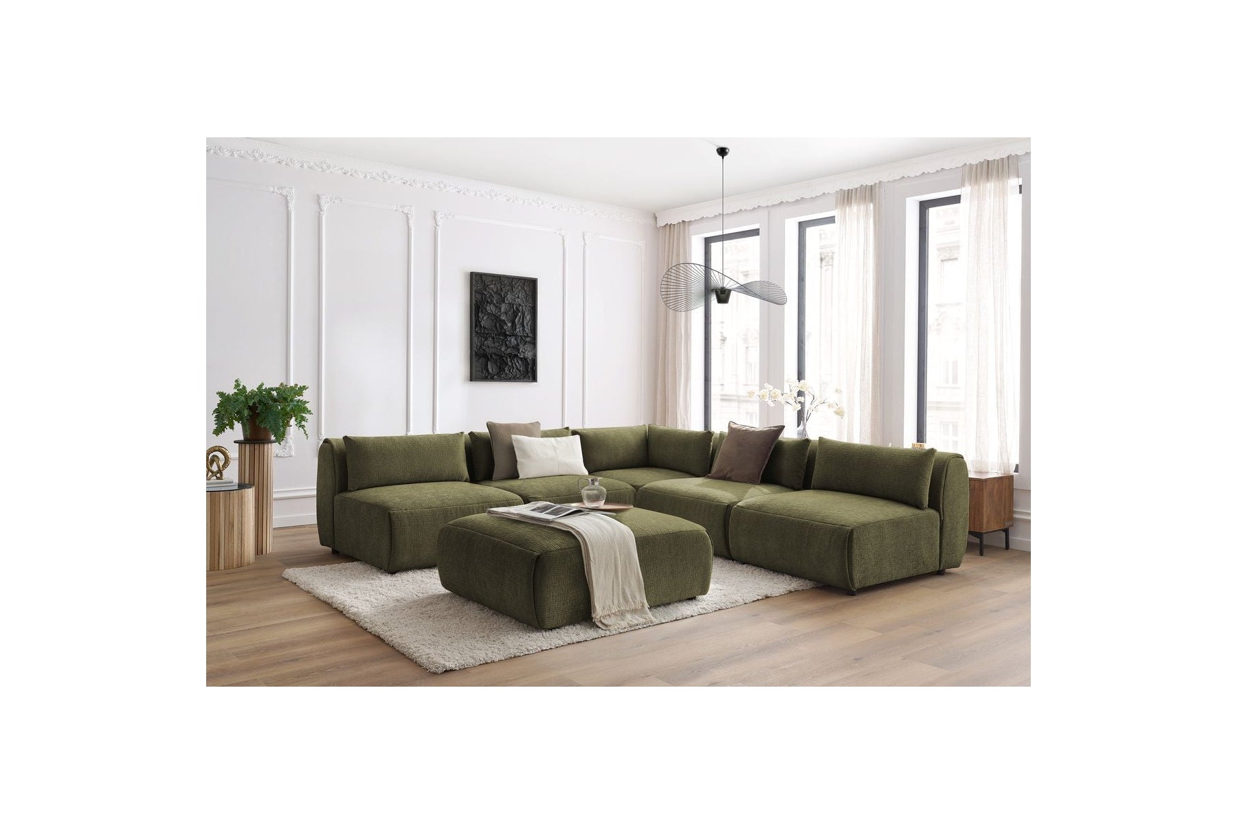Jeanne - Fixed Modular Corner Sofa - Textured Fabric with 4 Armless Chairs, 1 Corner Unit and 1 Pouffe