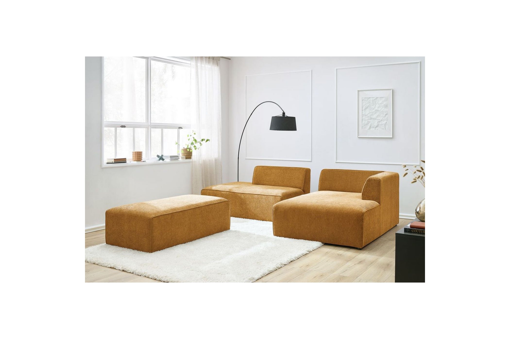 Canapé d'angle fixe modulable MEGEVE tissu texturé avec pouf - Angle droit - BOBOCHIC - The Bradery