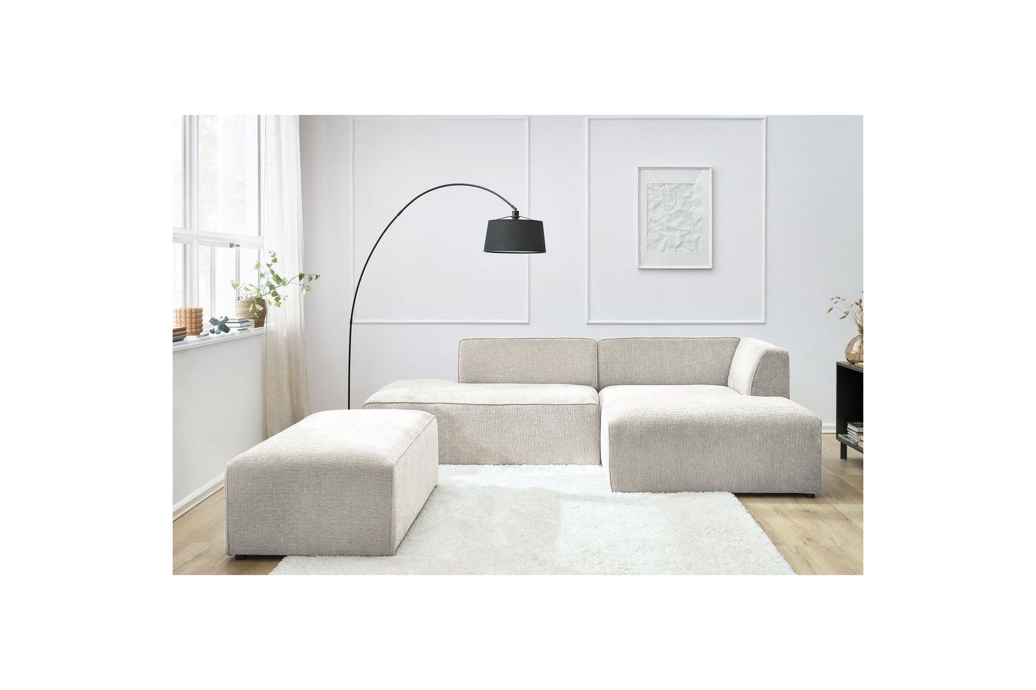 Canapé d'angle fixe modulable MEGEVE tissu texturé avec pouf - Angle droit - BOBOCHIC - The Bradery