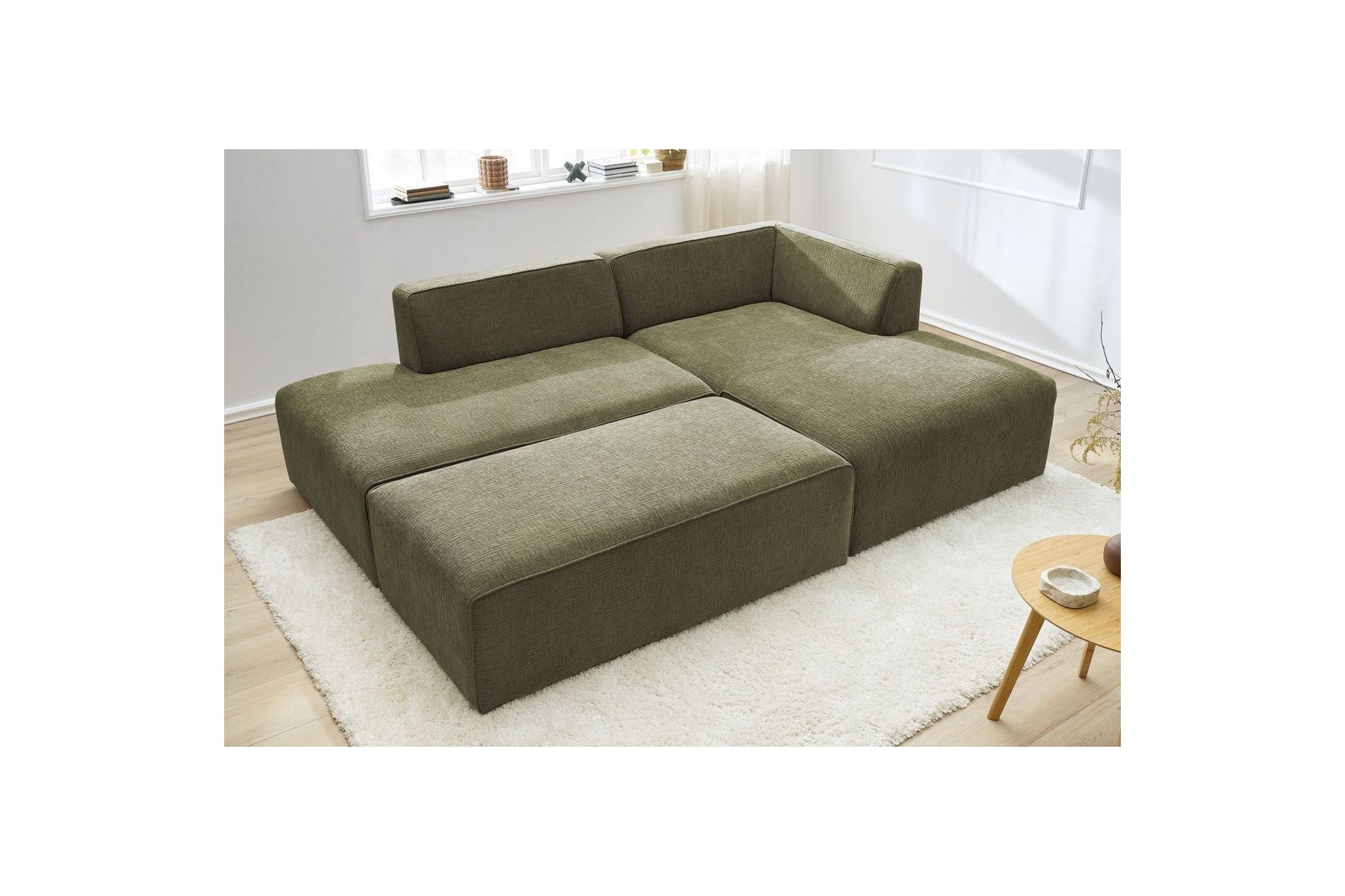 Canapé d'angle fixe modulable MEGEVE tissu texturé avec pouf - Angle droit - BOBOCHIC - The Bradery