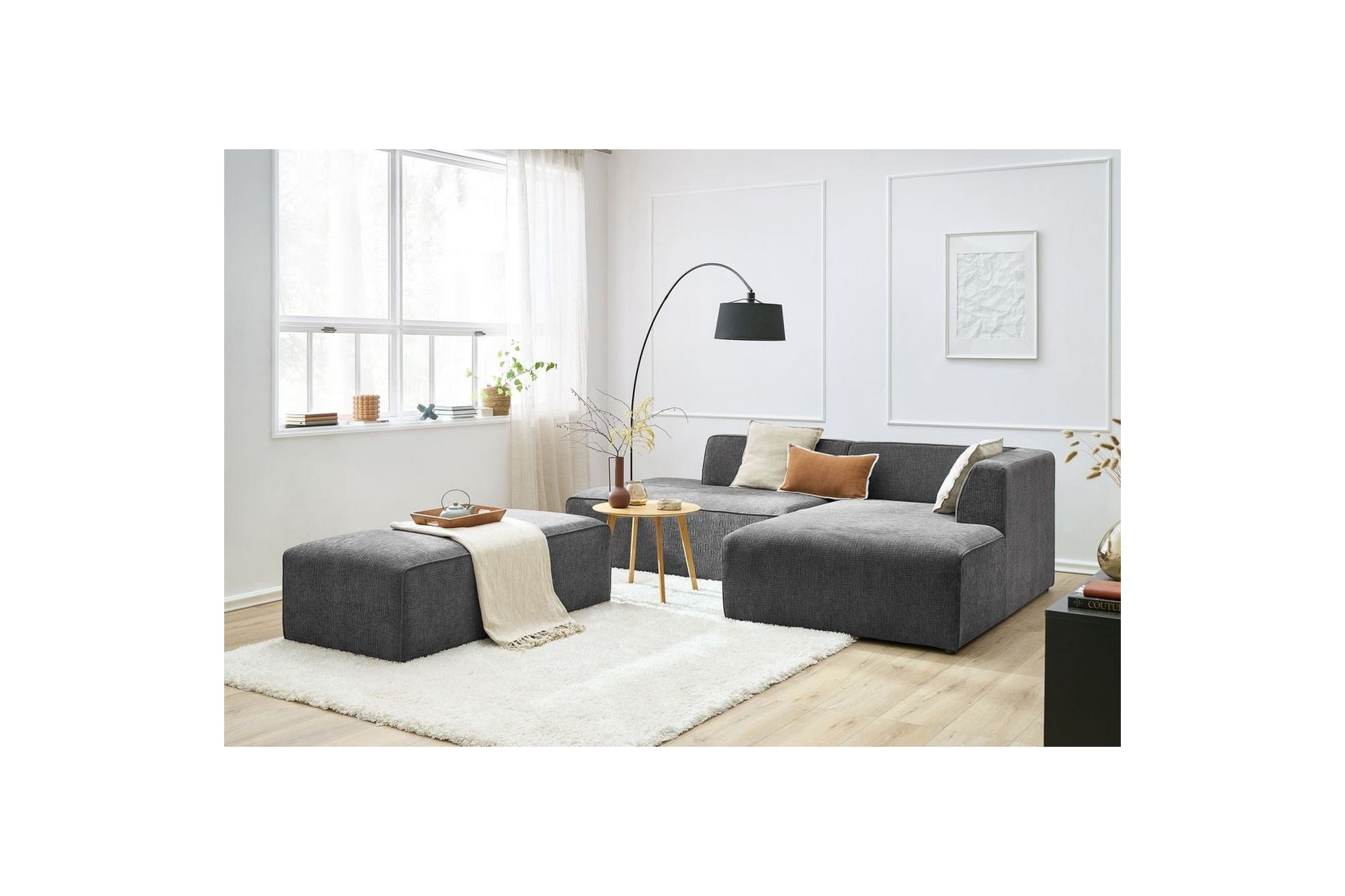 Canapé d'angle fixe modulable MEGEVE tissu texturé avec pouf - Angle droit - BOBOCHIC - The Bradery