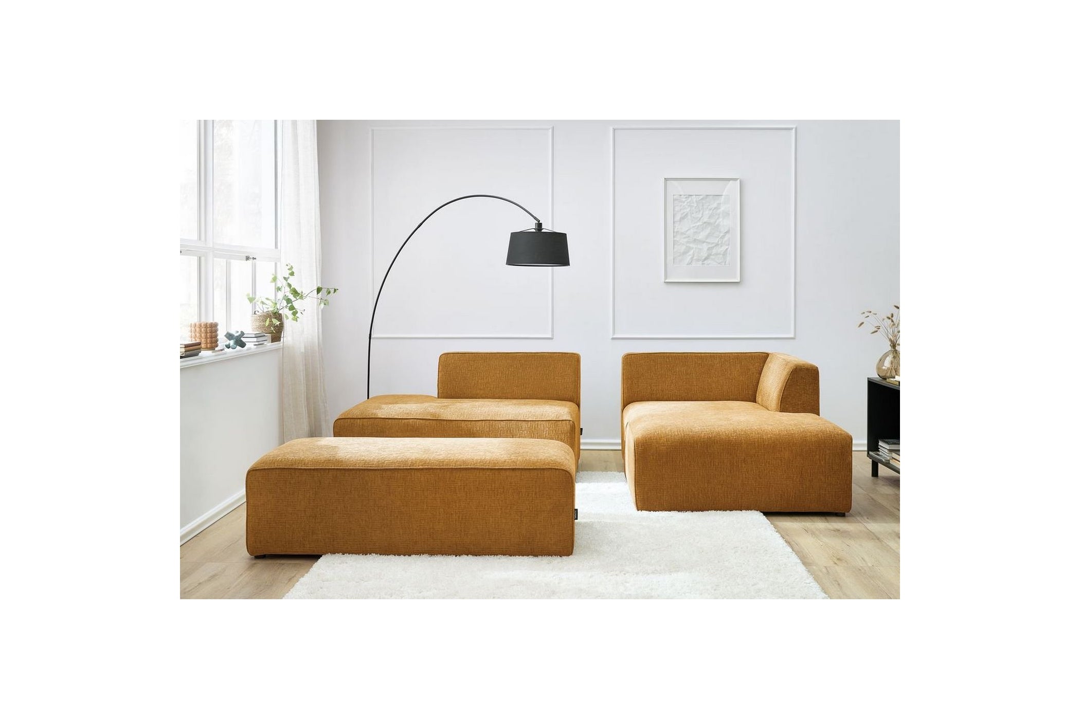 Canapé d'angle fixe modulable MEGEVE tissu texturé avec pouf - Angle droit - BOBOCHIC - The Bradery