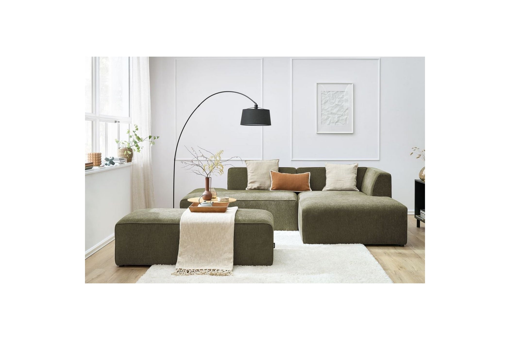 Canapé d'angle fixe modulable MEGEVE tissu texturé avec pouf - Angle droit - BOBOCHIC - The Bradery