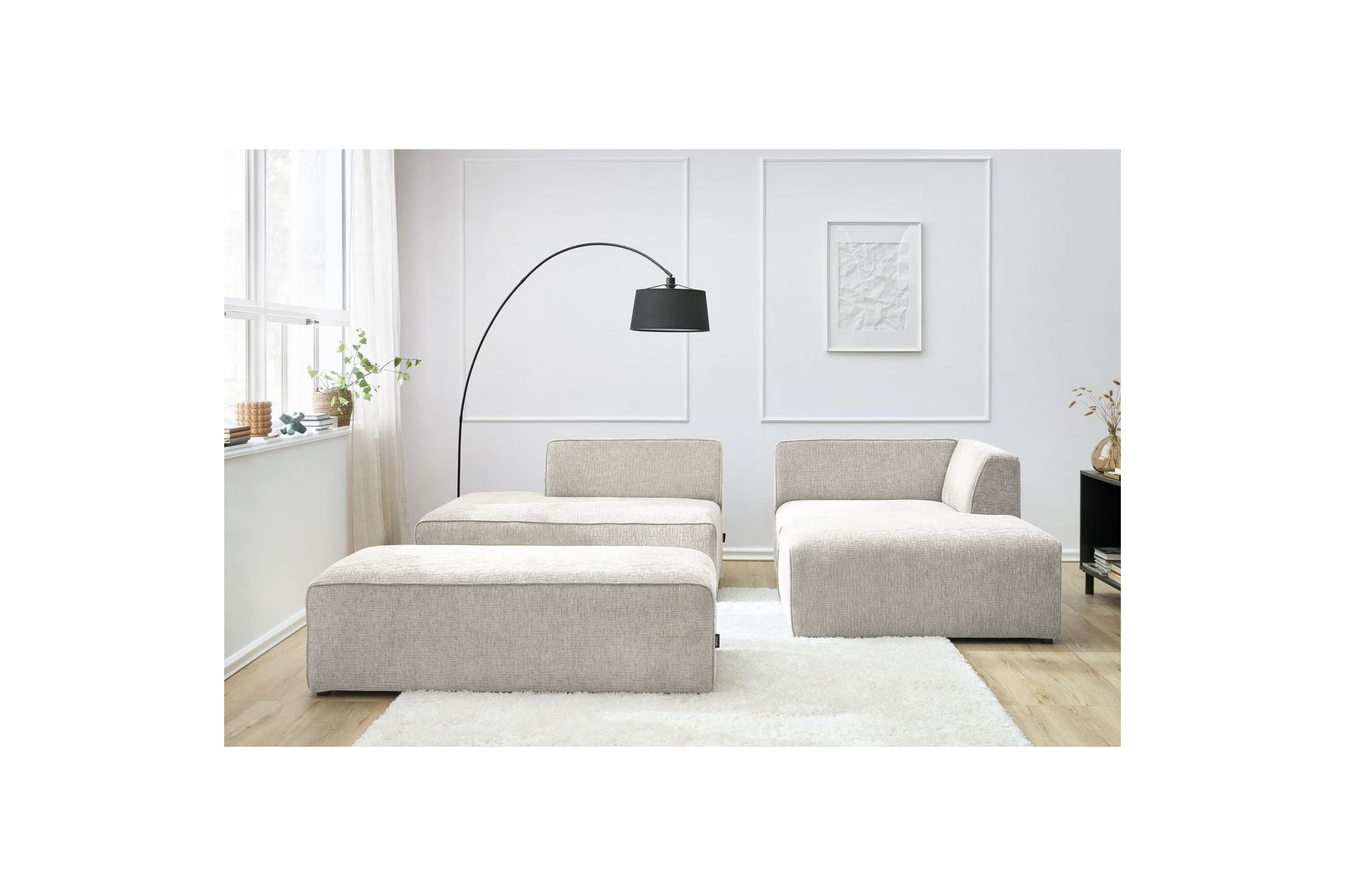 Canapé d'angle fixe modulable MEGEVE tissu texturé avec pouf - Angle droit - BOBOCHIC - The Bradery