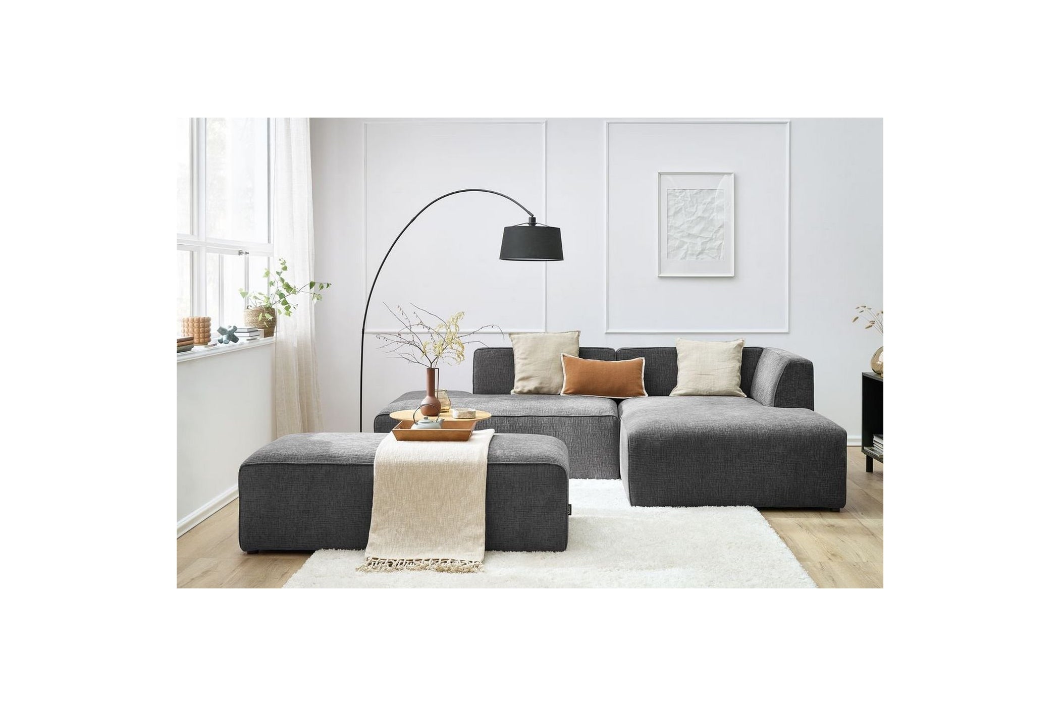 Canapé d'angle fixe modulable MEGEVE tissu texturé avec pouf - Angle droit - BOBOCHIC - The Bradery