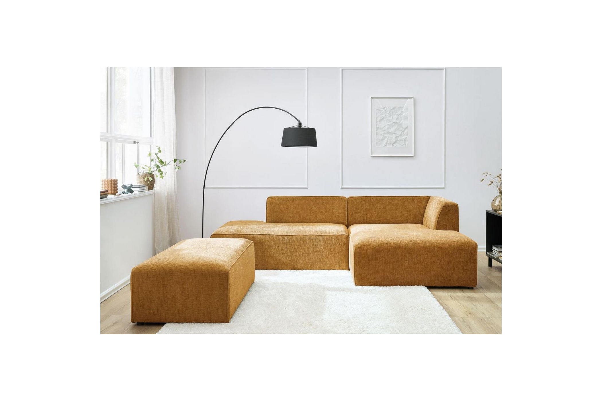 Canapé d'angle fixe modulable MEGEVE tissu texturé avec pouf - Angle droit - BOBOCHIC - The Bradery