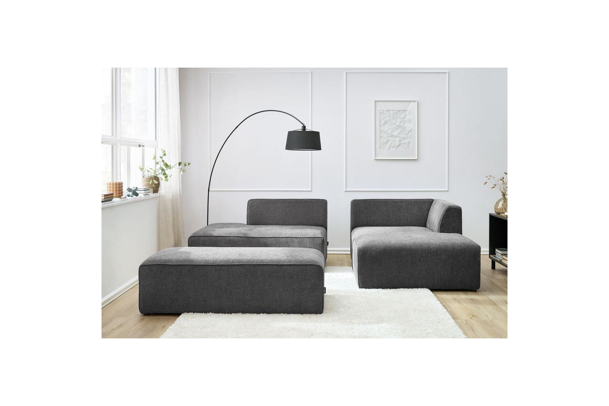 Canapé d'angle fixe modulable MEGEVE tissu texturé avec pouf - Angle droit - BOBOCHIC - The Bradery