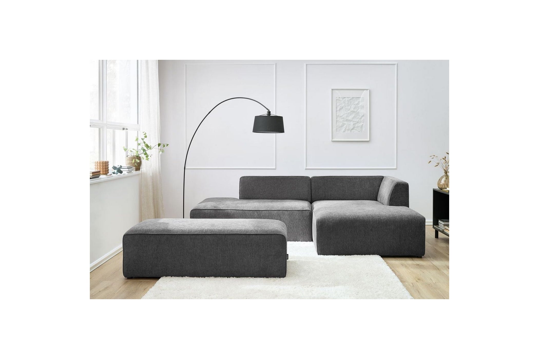 Canapé d'angle fixe modulable MEGEVE tissu texturé avec pouf - Angle droit - BOBOCHIC - The Bradery