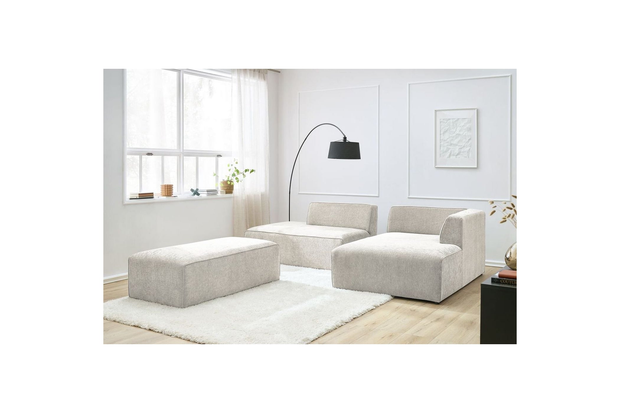 Canapé d'angle fixe modulable MEGEVE tissu texturé avec pouf - Angle droit - BOBOCHIC - The Bradery