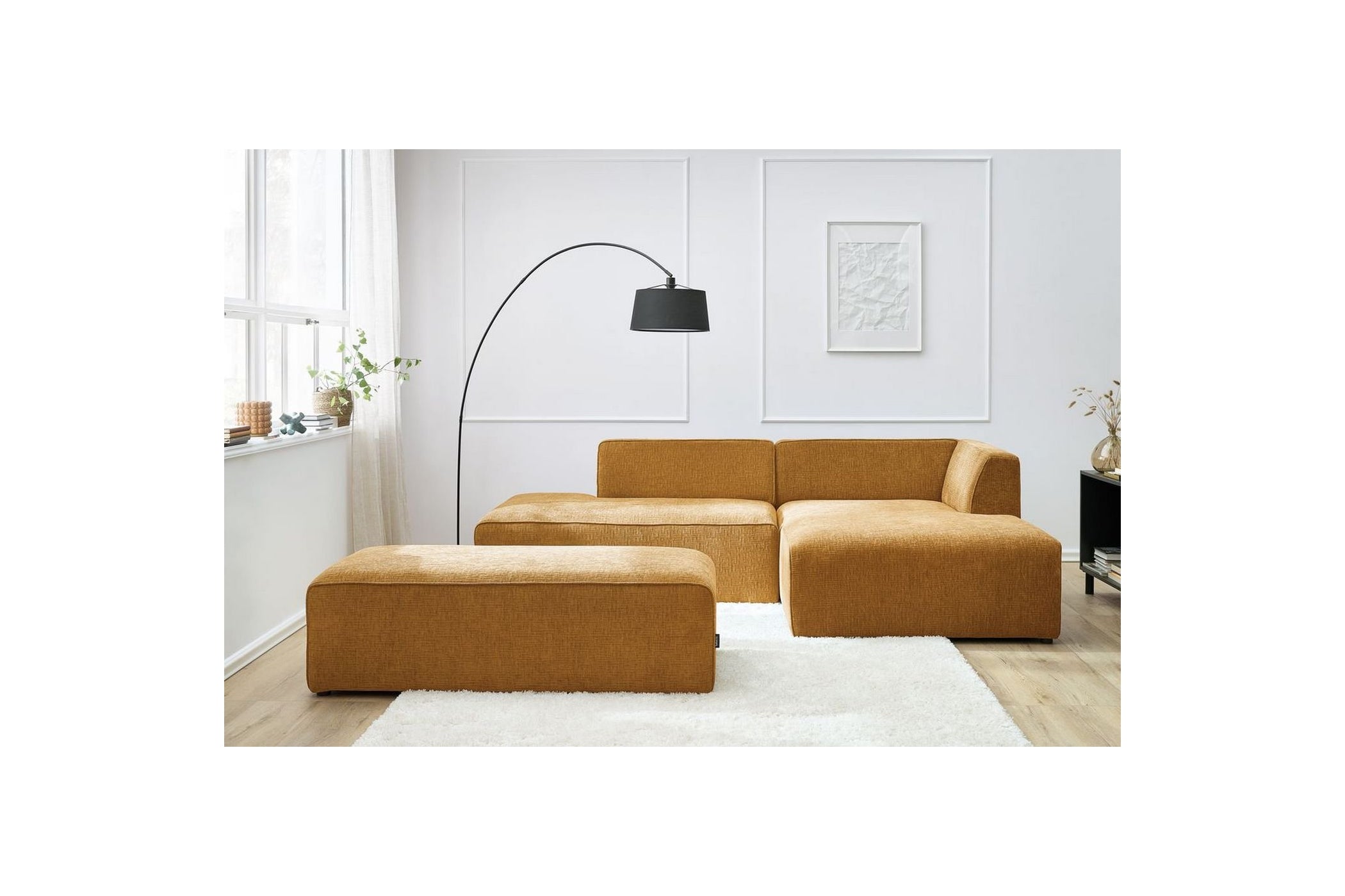 Canapé d'angle fixe modulable MEGEVE tissu texturé avec pouf - Angle droit - BOBOCHIC - The Bradery