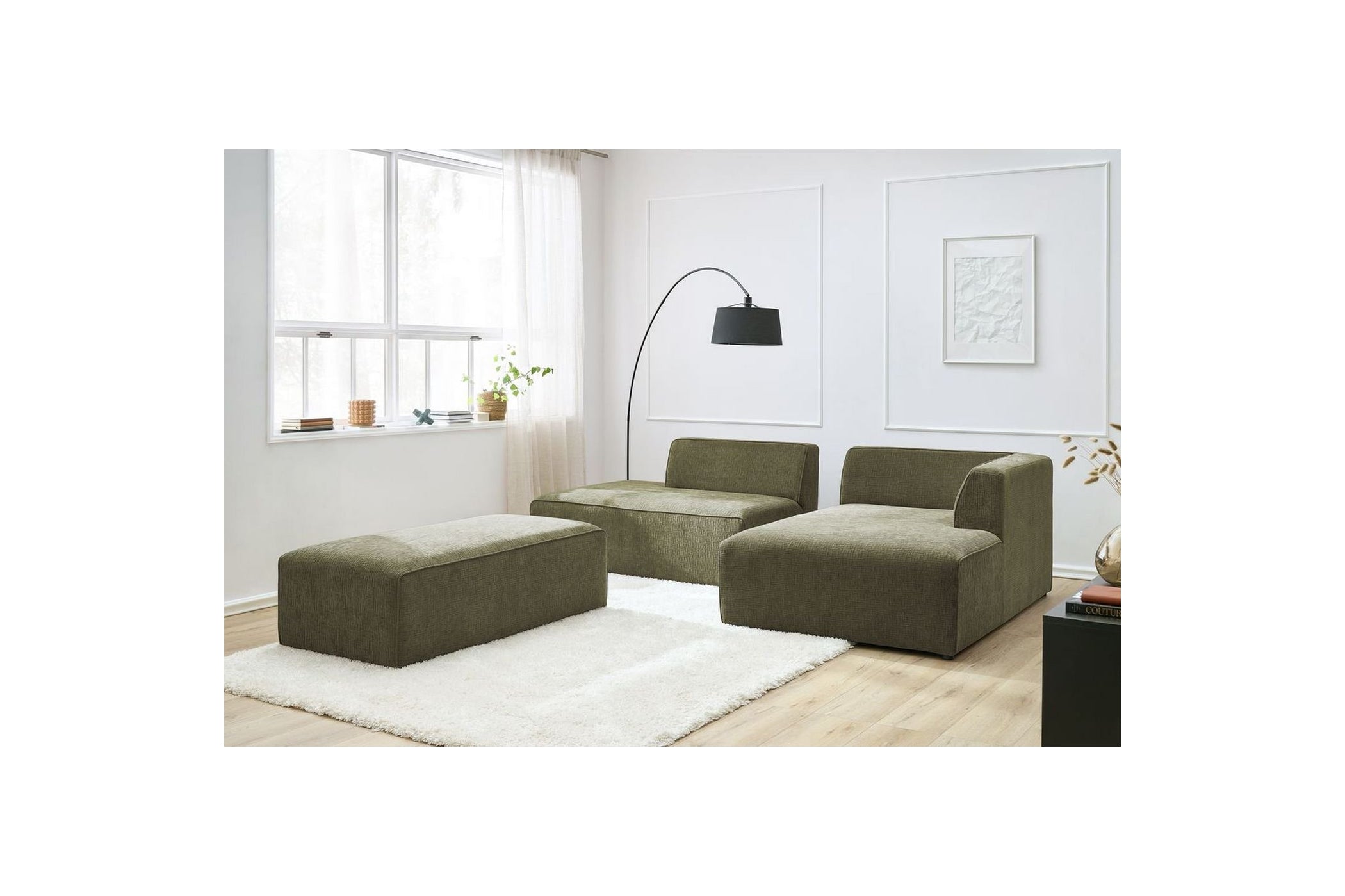 Canapé d'angle fixe modulable MEGEVE tissu texturé avec pouf - Angle droit - BOBOCHIC - The Bradery
