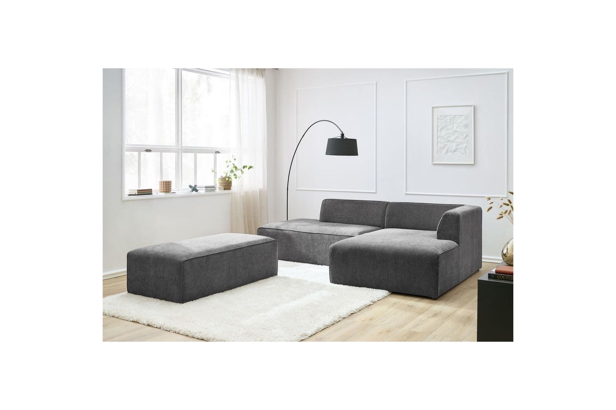 Canapé d'angle fixe modulable MEGEVE tissu texturé avec pouf - Angle droit - BOBOCHIC - The Bradery