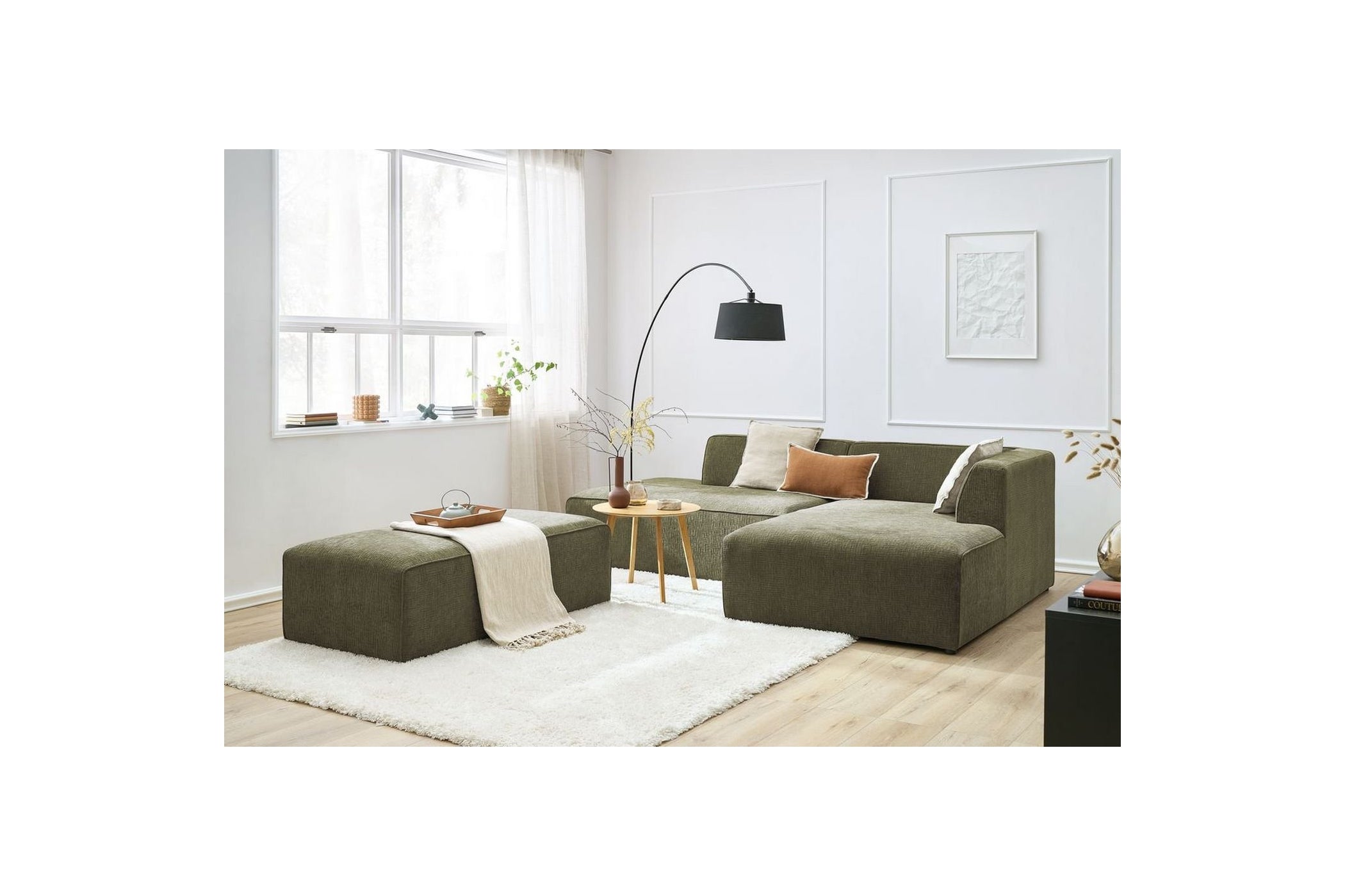 Canapé d'angle fixe modulable MEGEVE tissu texturé avec pouf - Angle droit - BOBOCHIC - The Bradery