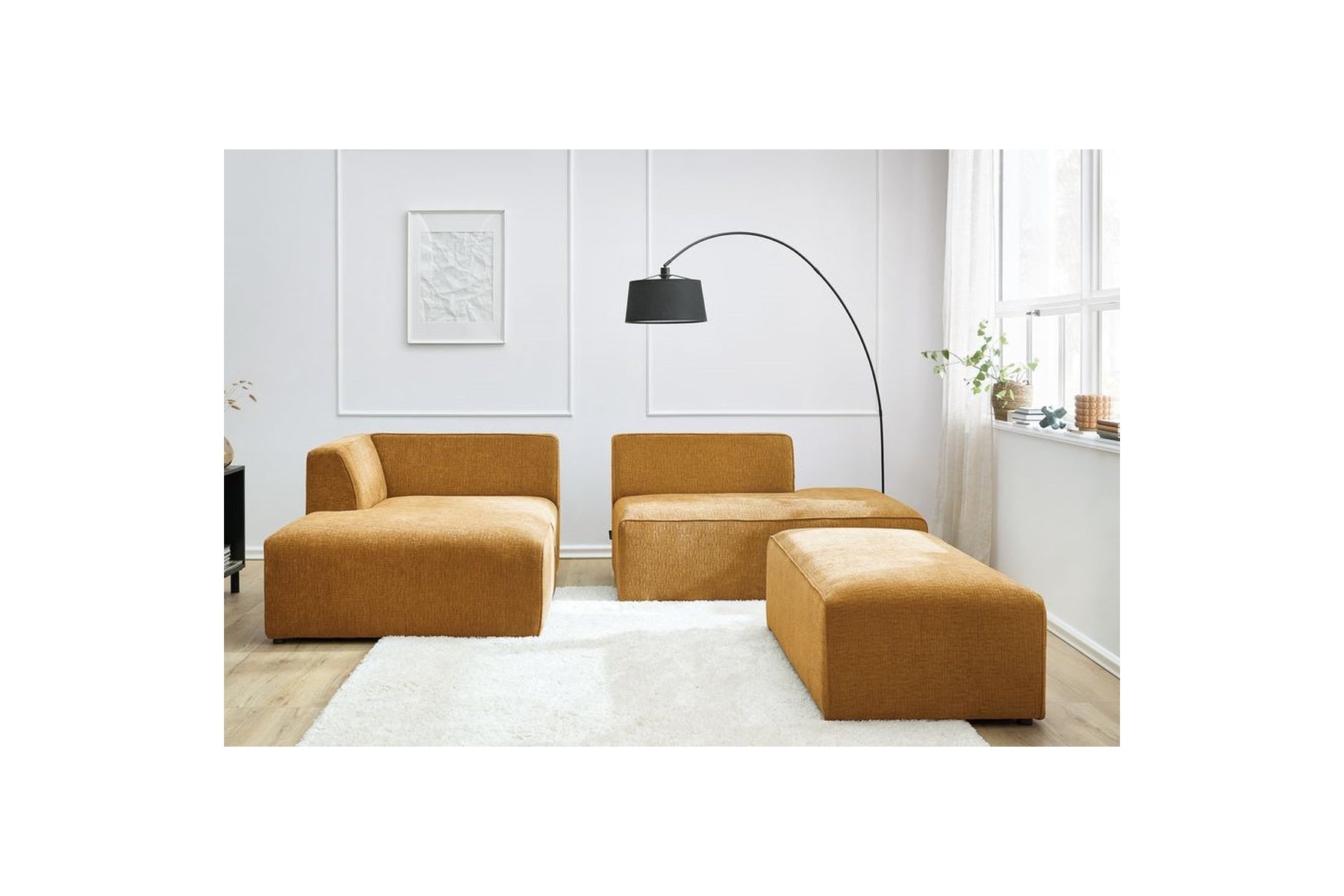 Sofá esquinero fijo modular MEGEVE de tejido texturizado con puf - Ángulo izquierdo - BOBOCHIC - The Bradery