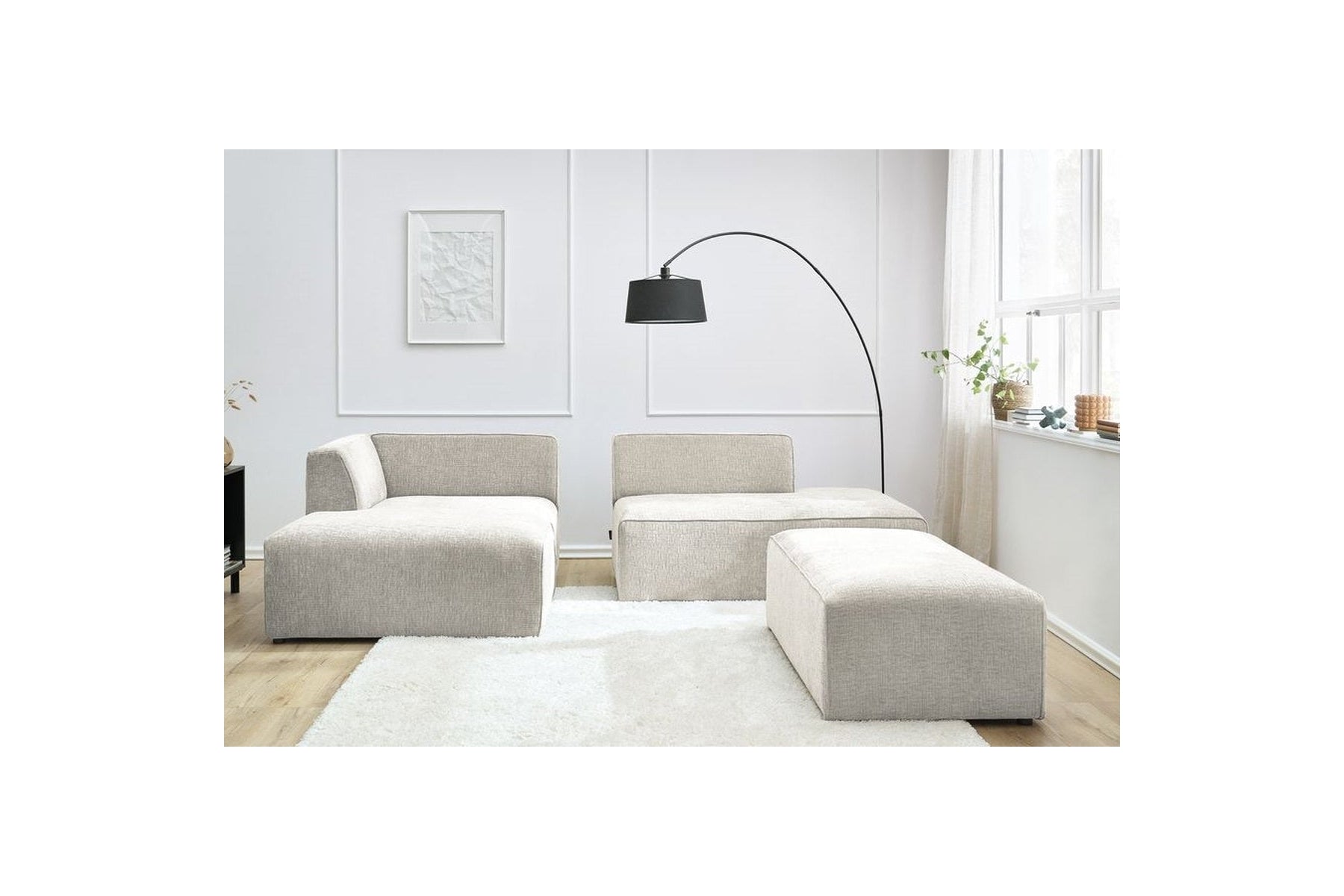 Sofá esquinero fijo modular MEGEVE de tejido texturizado con puf - Ángulo izquierdo - BOBOCHIC - The Bradery