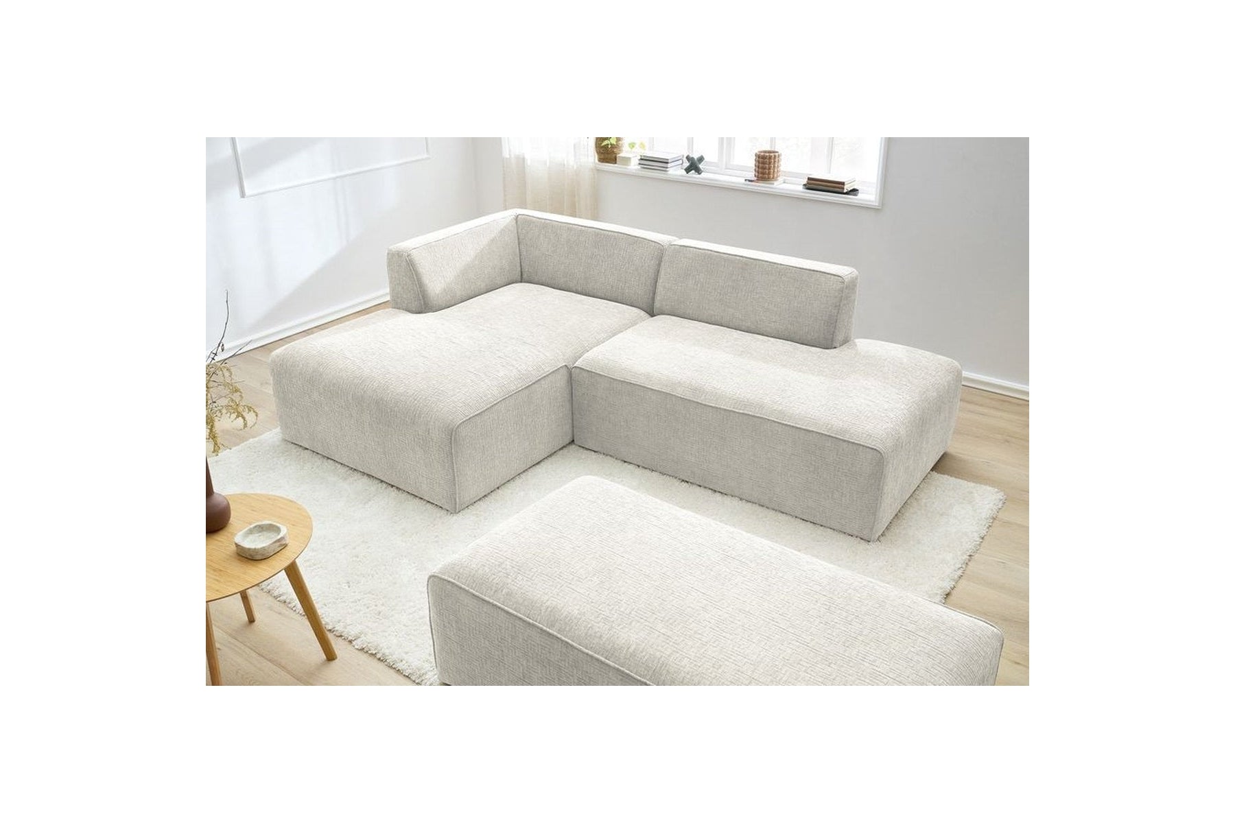 Sofá esquinero fijo modular MEGEVE de tejido texturizado con puf - Ángulo izquierdo - BOBOCHIC - The Bradery
