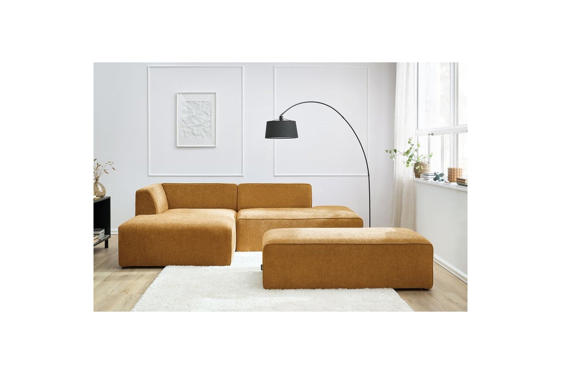 Sofá esquinero fijo modular MEGEVE de tejido texturizado con puf - Ángulo izquierdo - BOBOCHIC - The Bradery