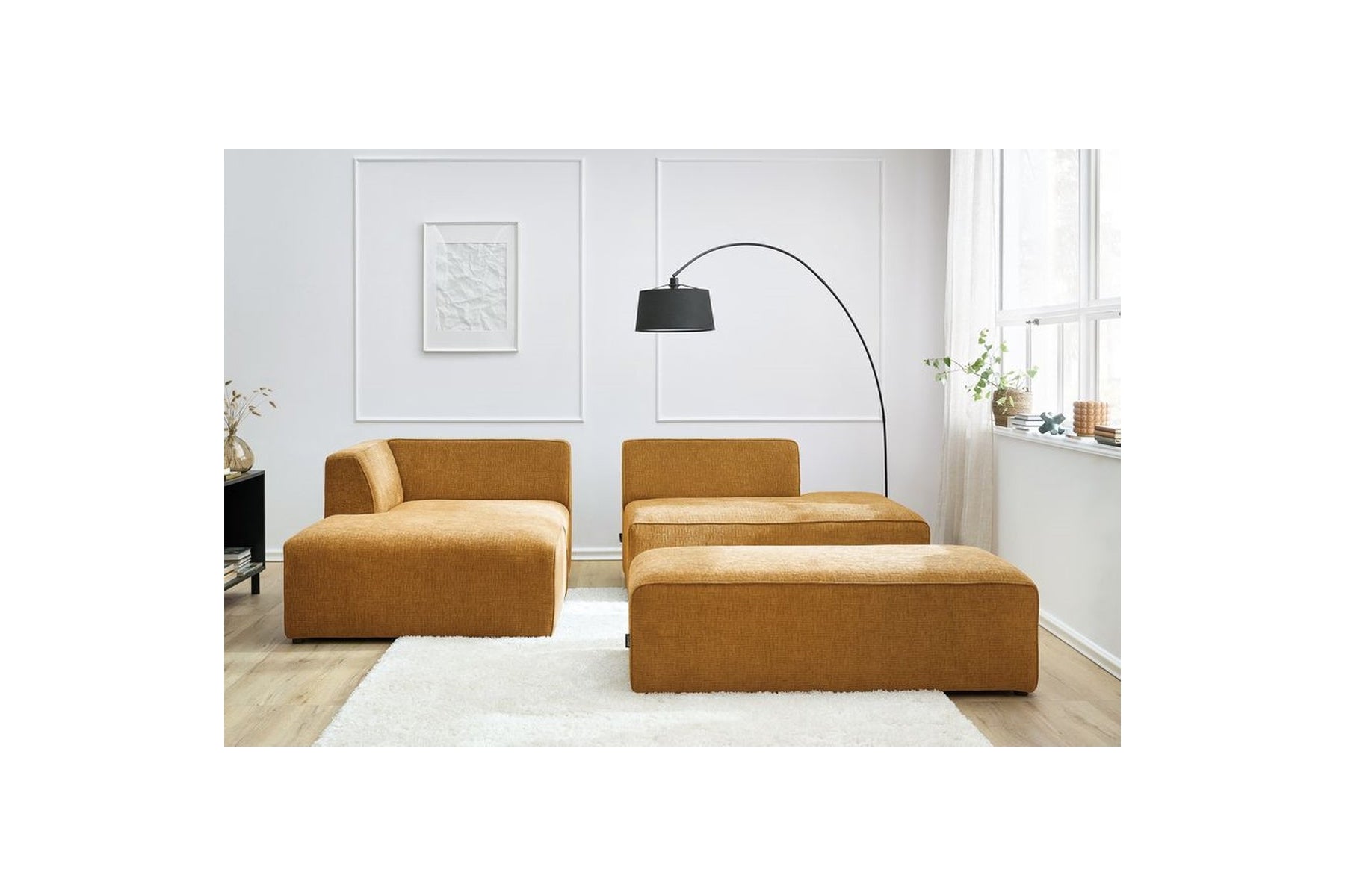 Sofá esquinero fijo modular MEGEVE de tejido texturizado con puf - Ángulo izquierdo - BOBOCHIC - The Bradery