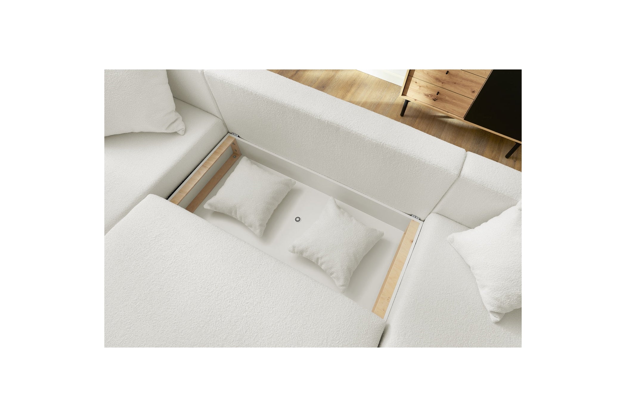 Sofá panorámico convertible con arcón ENVY de tejido bouclé - Panorámico - BOBOCHIC - The Bradery