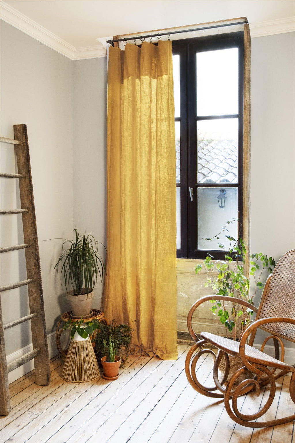 Cortina Ajustable + 8 Anillas con Pinza Gasa de Algodón 140 X 300 Cm Gaia Safran - L'Effet Papillon - The Bradery