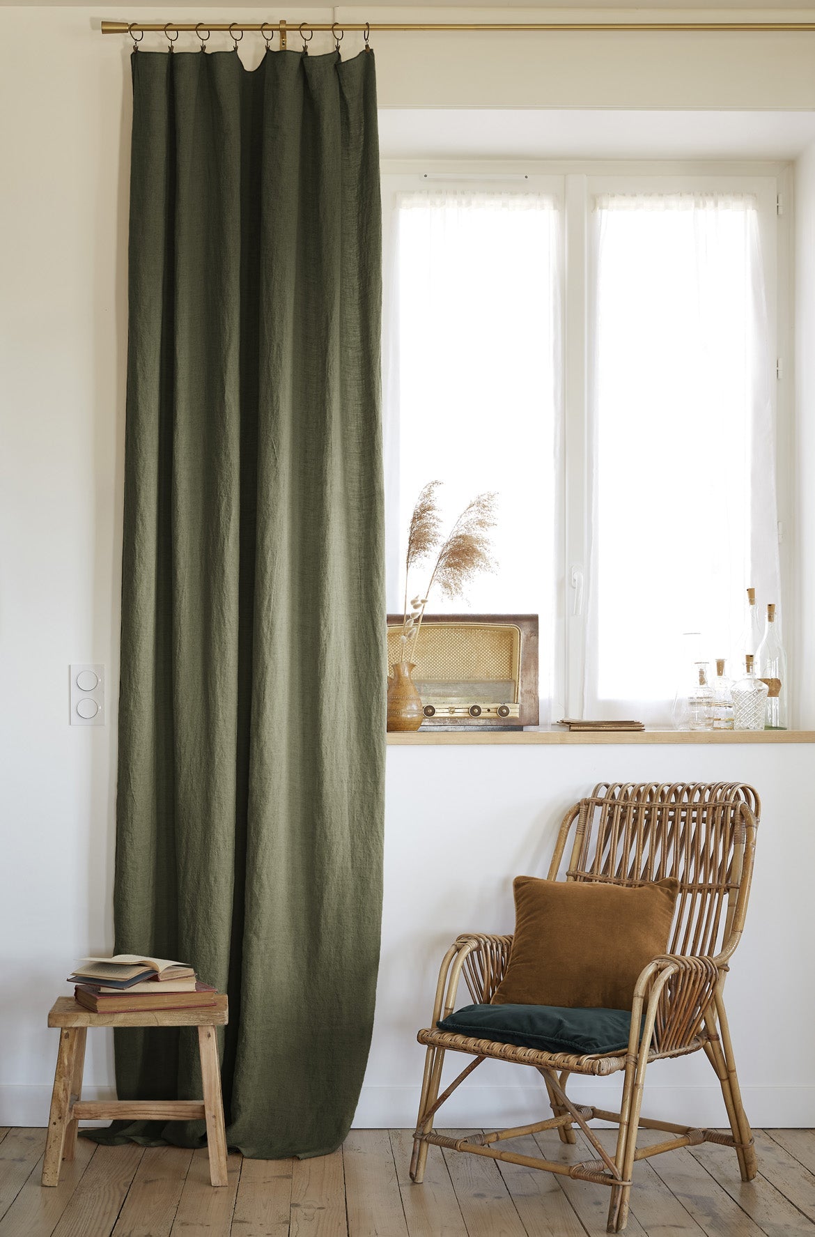 Adjustable curtain + ring washed linen SOLINE Thyme - L'Effet Papillon - The Bradery